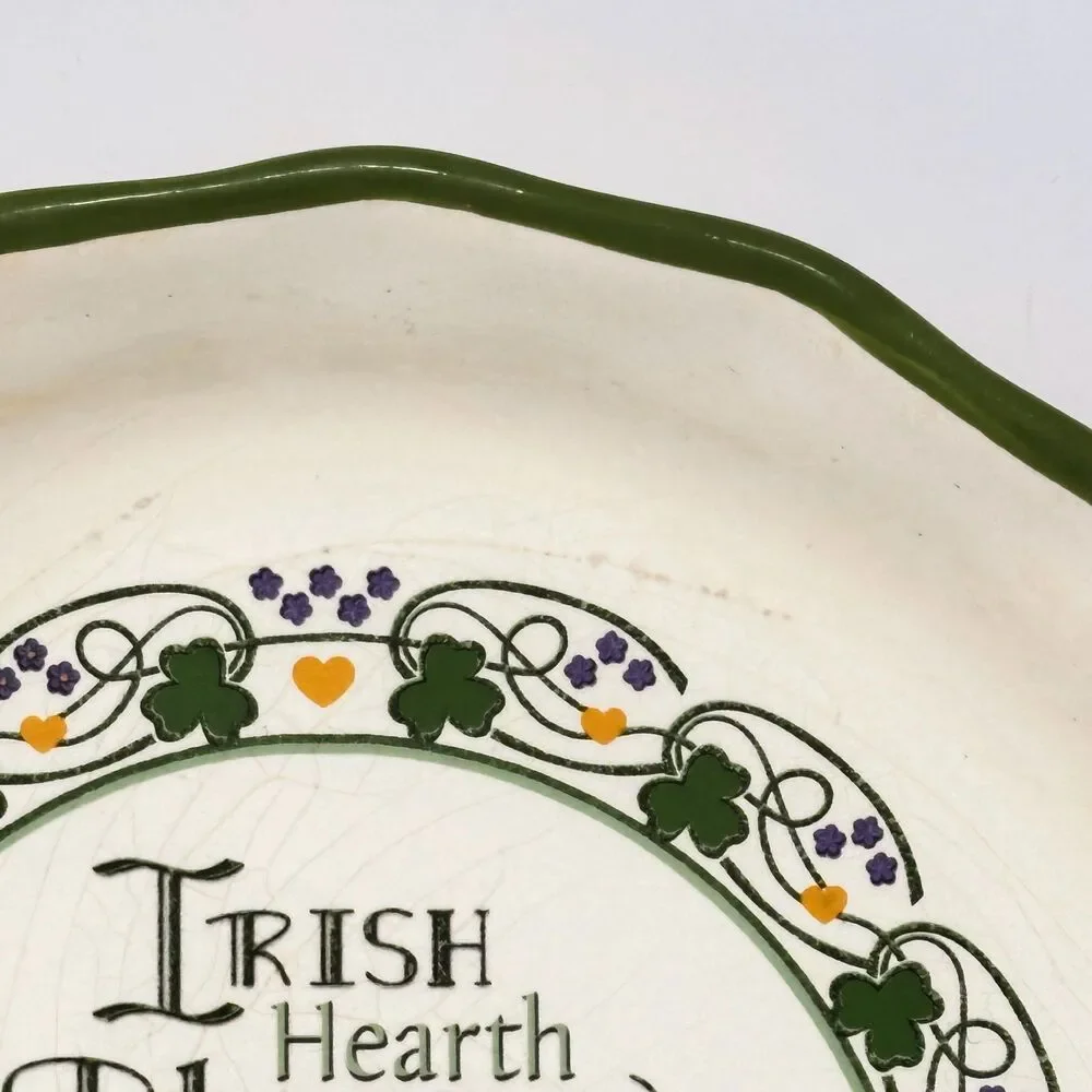 Vtg Ceramic Irish Hearth Blessing Pie Plate Fluted Green Shamrock Baking Dish